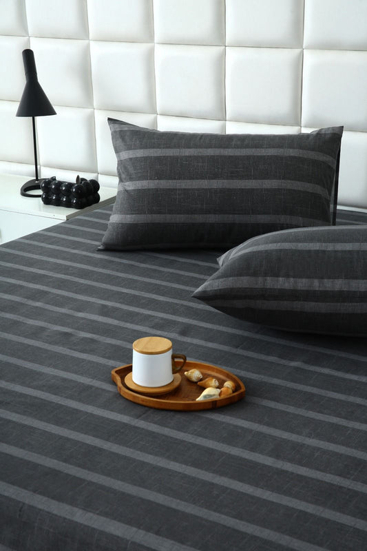 Fitted Bed Sheet- Ash Grey Stripes Fitted Sheets Apricot