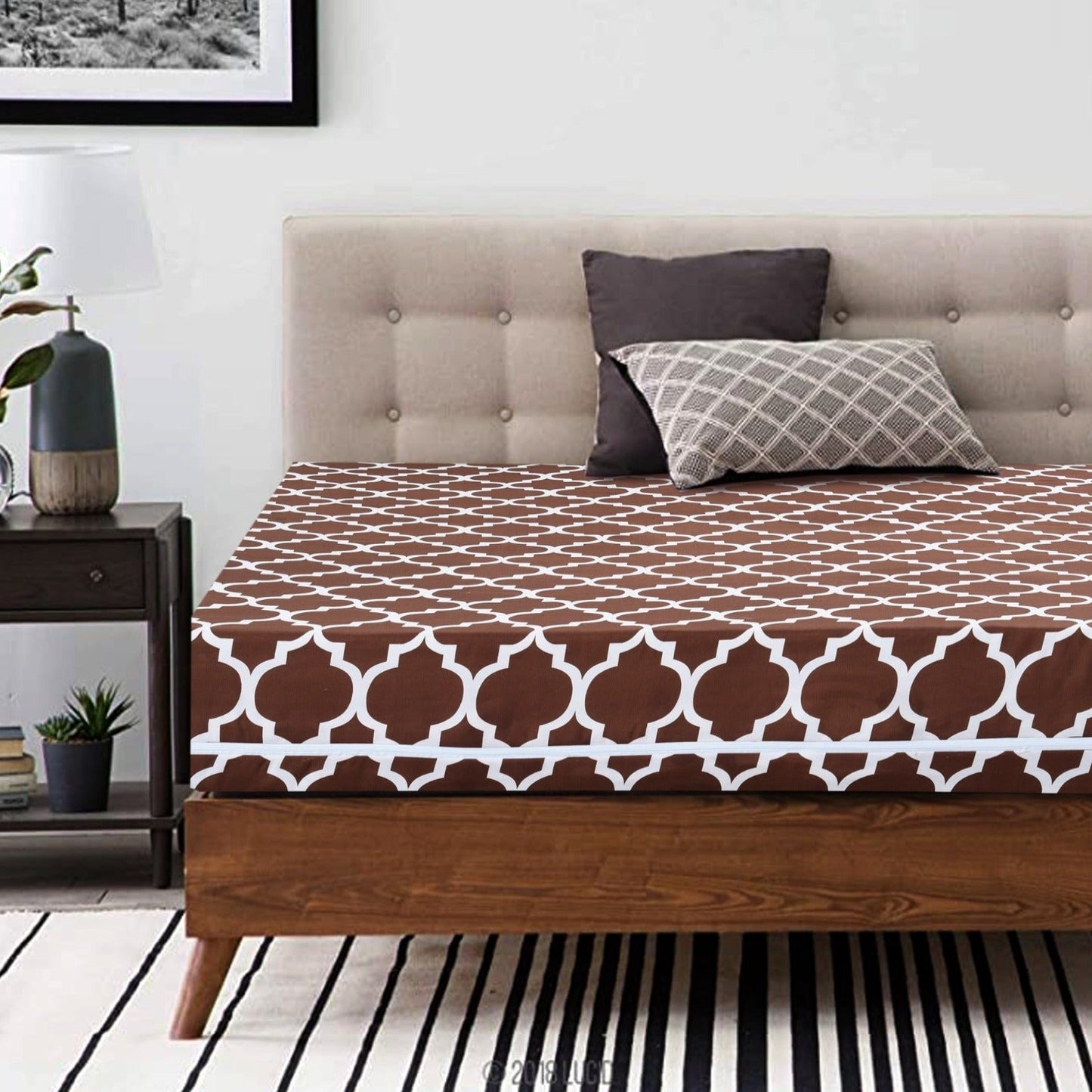 Zipper Mattress Cover Printed-Brown Geometric Protectors Apricot
