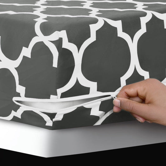 Zipper Mattress Cover Printed-Grey Geometric Protectors Apricot