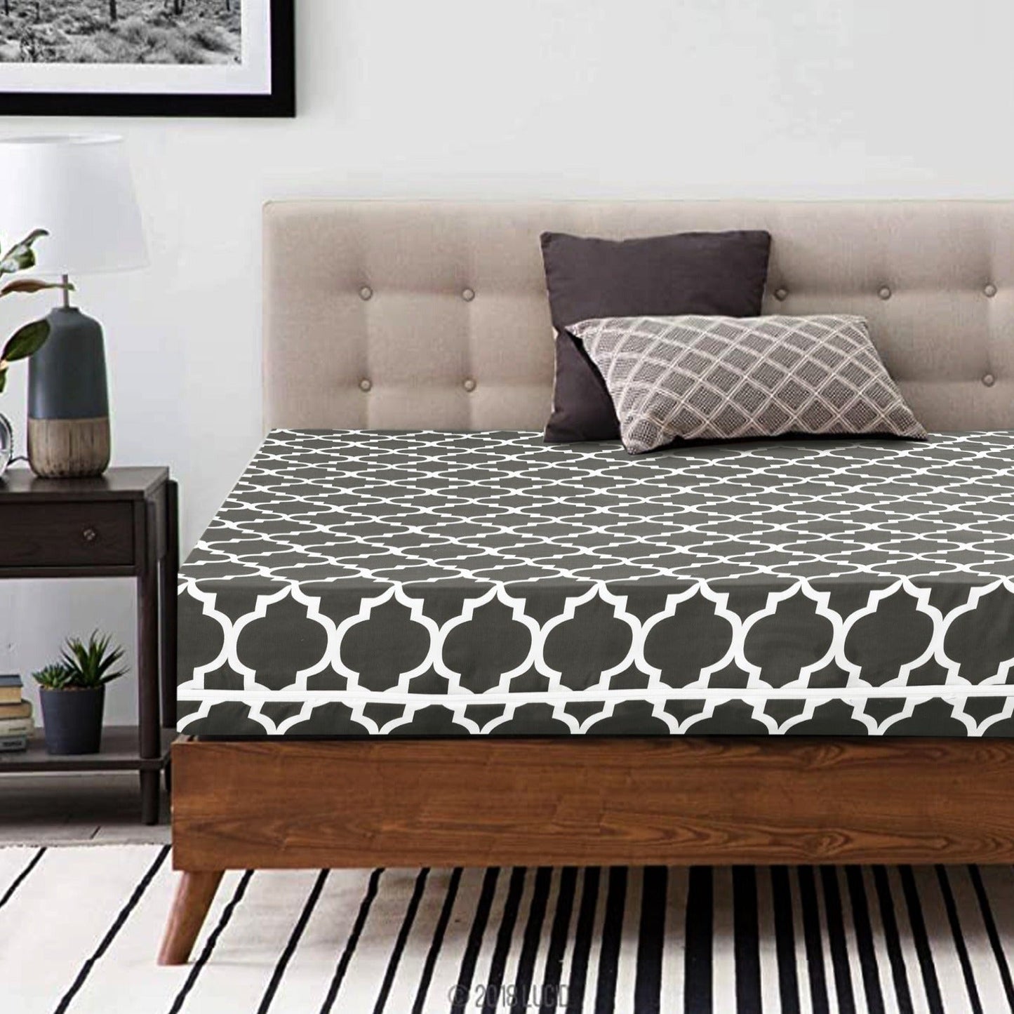 Zipper Mattress Cover Printed-Grey Geometric Protectors Apricot