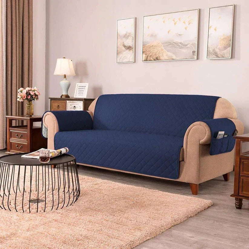 Ultrasonic Quilted Sofa Cover-Navy Blue Sofa Cover Apricot