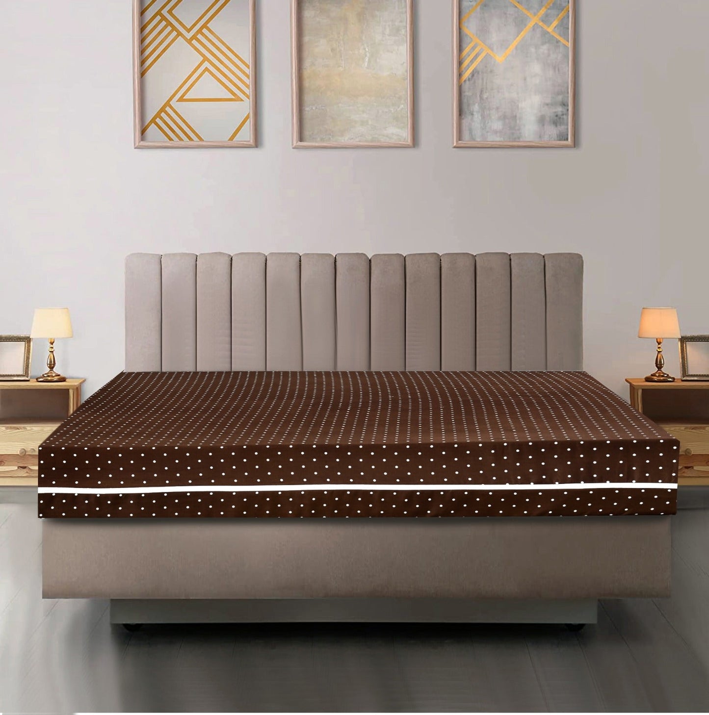 Zipper Mattress Cover Printed- Brown Polka