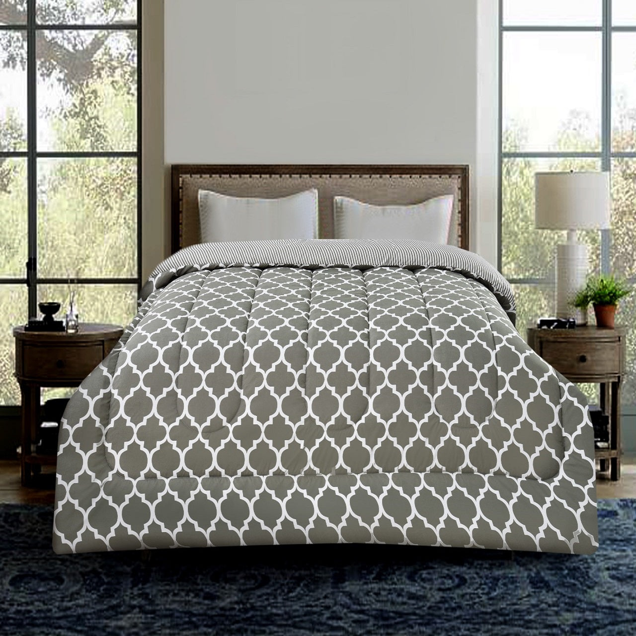 1 PC Double Winter Comforter-Grey Geometric Comforters Apricot   
