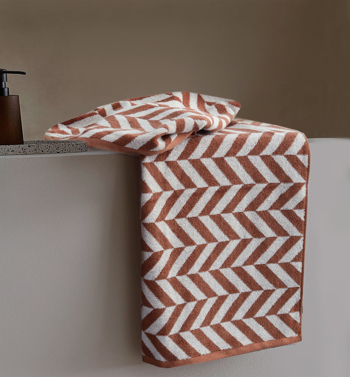 2 PCs Bath Towel Yarn Dyed-14916 Brown Chevrons Bath Towels & Washcloths Apricot