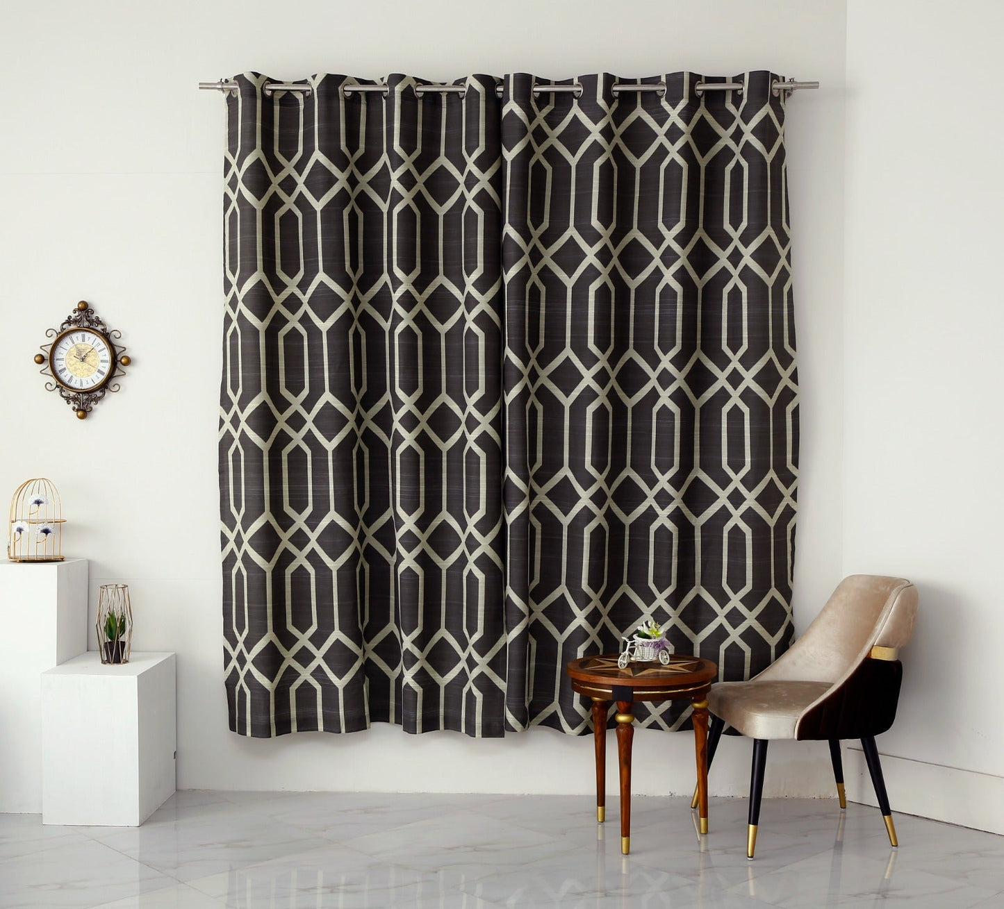 2 PCs Duck Curtains Panel-Beige Geometric Curtains Apricot