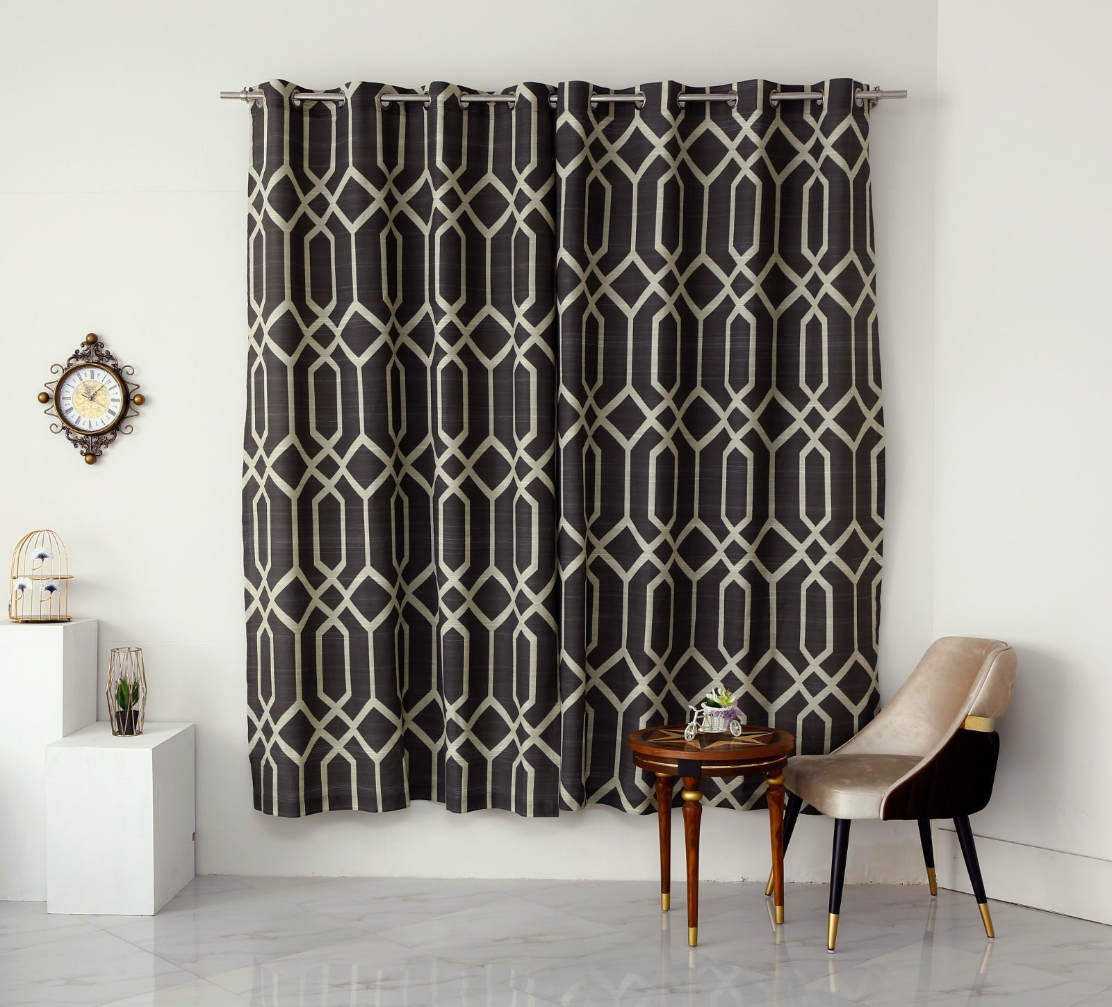 2 PCs Duck Curtains Panel-Beige Geometric Curtains Apricot