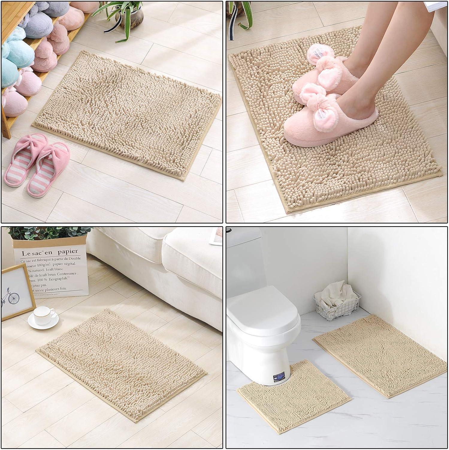2 PCs Microfiber Anti Slip Commode Mat Set-Beige Bath Mats Apricot
