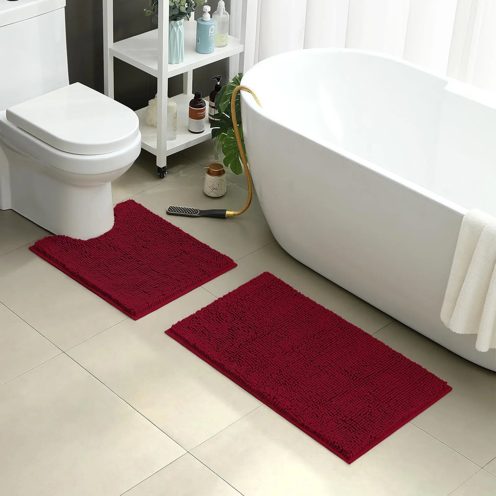 2 PCs Microfiber Anti Slip Commode Mat Set-Burgundy Bath Mats Apricot