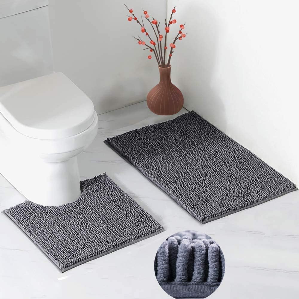 2 PCs Microfiber Anti Slip Commode Mat Set- Dark Grey Bath Mats Apricot