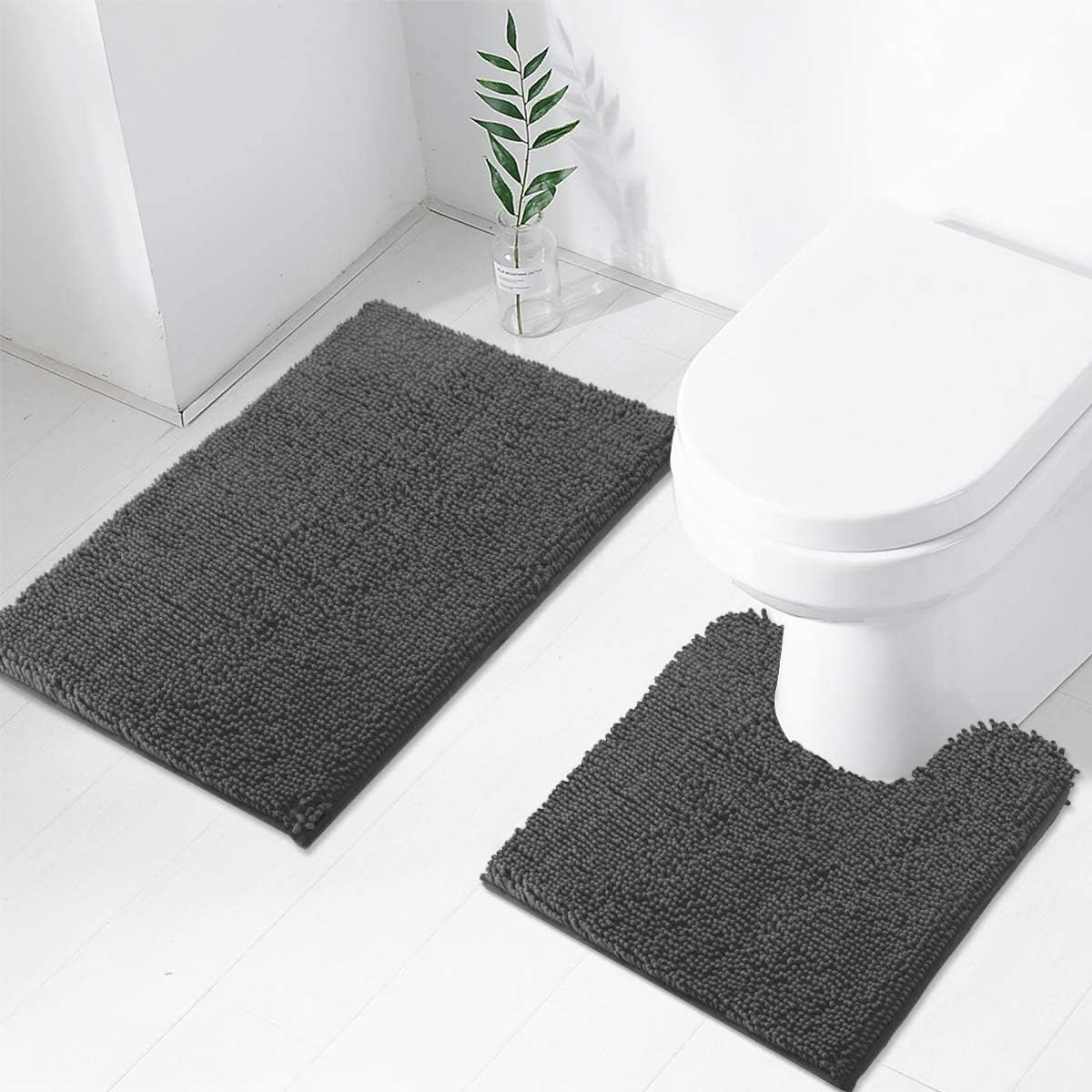 2 PCs Microfiber Anti Slip Commode Mat Set- Dark Grey Bath Mats Apricot