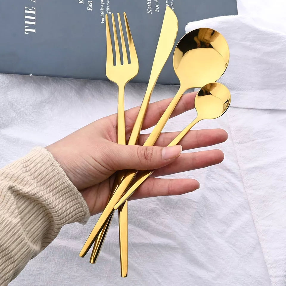 24 Pcs Premium Steel Cutlery Set-Plain Golden(4405)  Apricot   