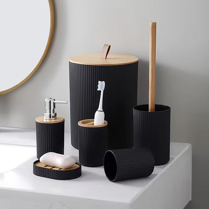 Wooden Lid PVC Bathroom Accessory Set-Stripes With Close Lid(Black)SA2512-02 Bathroom Accessory Sets Apricot