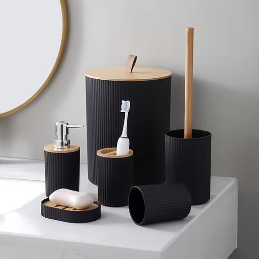 Wooden Lid PVC Bathroom Accessory Set-Stripes With Close Lid(Black)SA2512-02 Bathroom Accessory Sets Apricot