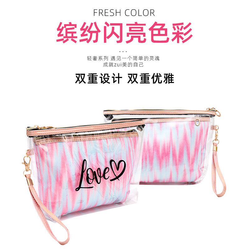 2PCs Portable Makeup Organizer Bag-LOVE(SA2405-125) Cosmetic Pouches Apricot