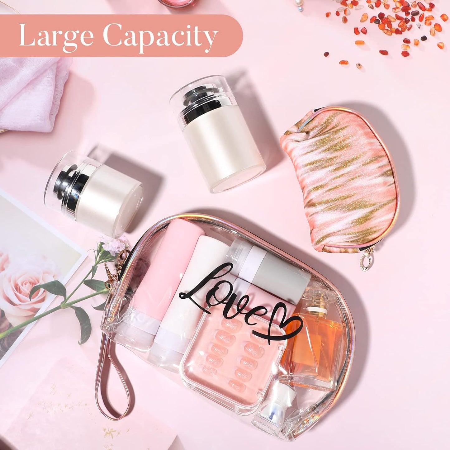2PCs Portable Makeup Organizer Bag-LOVE(SA2405-125) Cosmetic Pouches Apricot