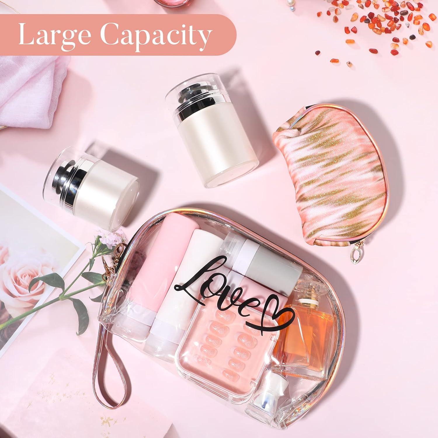 2PCs Portable Makeup Organizer Bag-LOVE(SA2405-125) Cosmetic Pouches Apricot