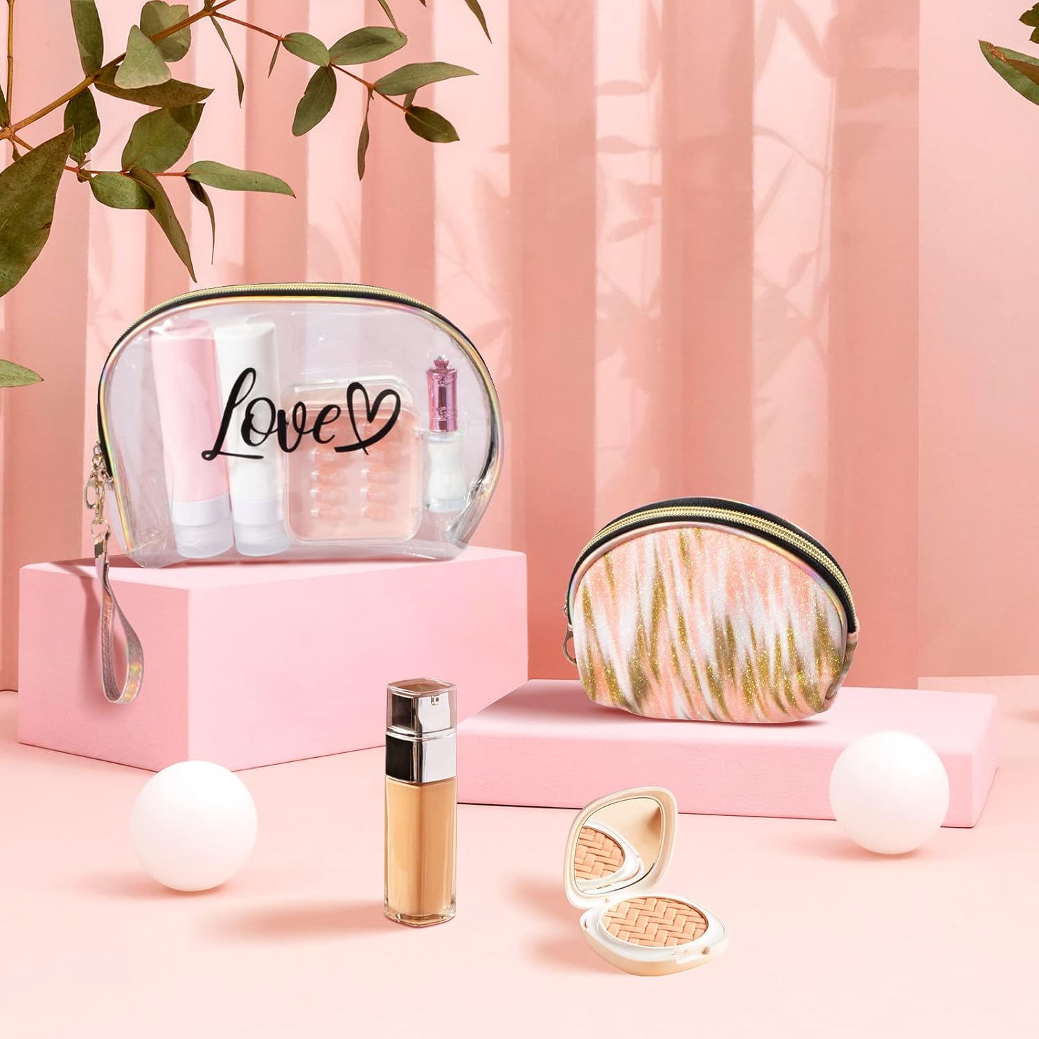 2PCs Portable Makeup Organizer Bag-LOVE(SA2405-125) Cosmetic Pouches Apricot