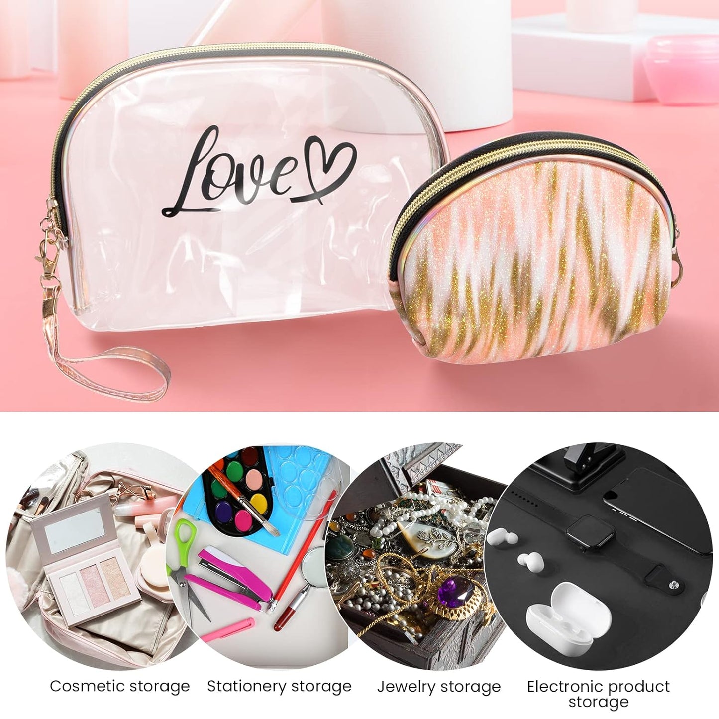 2PCs Portable Makeup Organizer Bag-LOVE(SA2405-125) Cosmetic Pouches Apricot