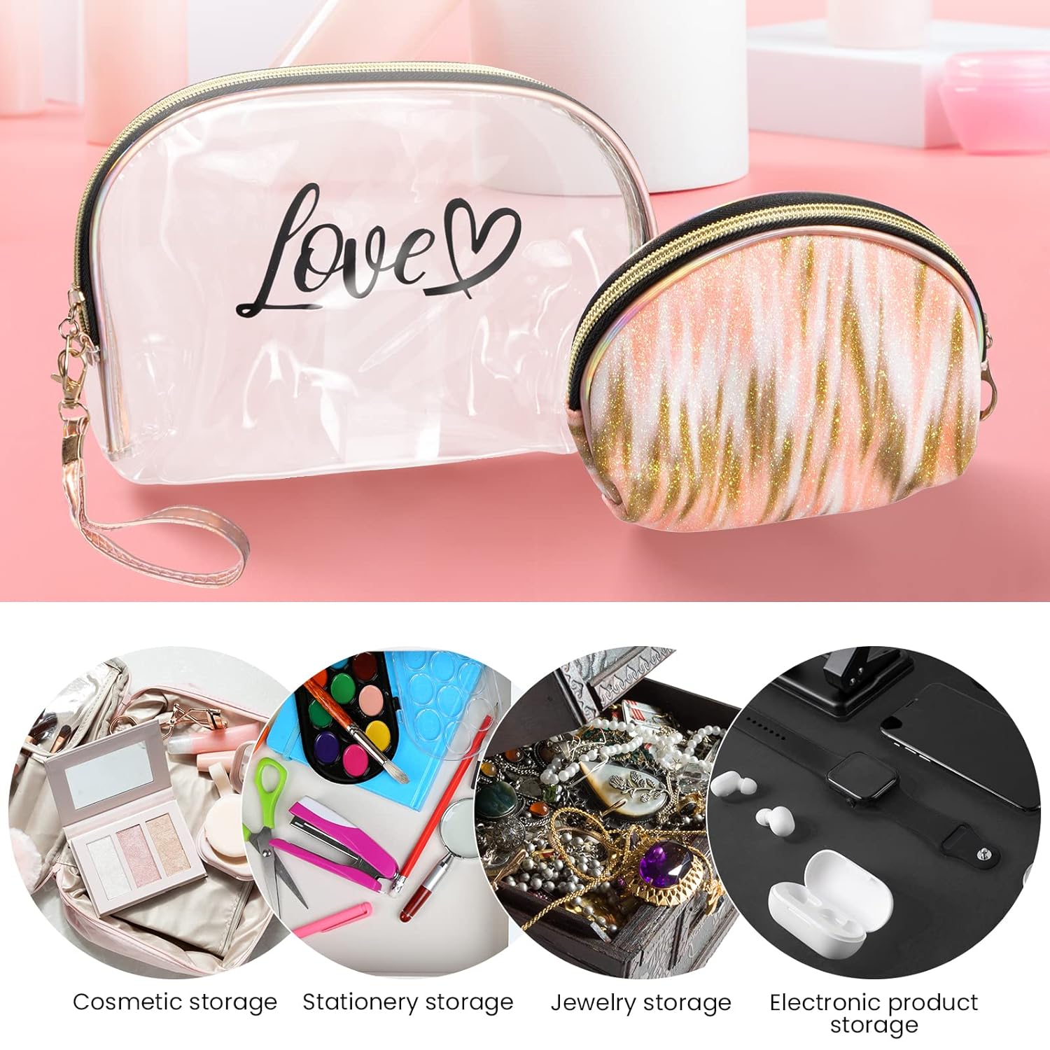 2PCs Portable Makeup Organizer Bag-LOVE(SA2405-125) Cosmetic Pouches Apricot