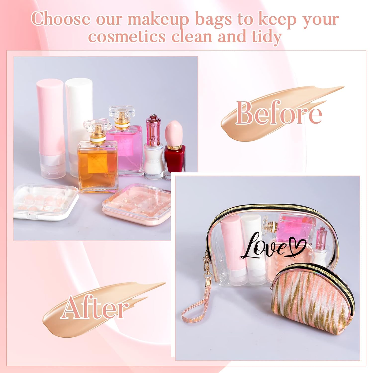 2PCs Portable Makeup Organizer Bag-LOVE(SA2405-125) Cosmetic Pouches Apricot