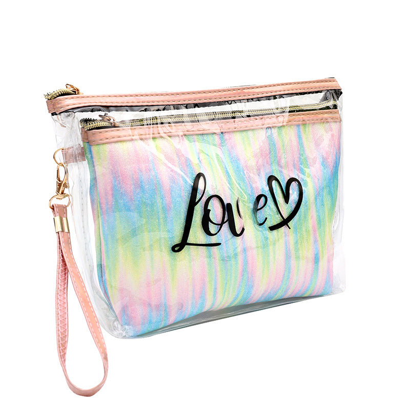 2PCs Portable Makeup Organizer Bag-LOVE(SA2405-125) Cosmetic Pouches Apricot 5904Green