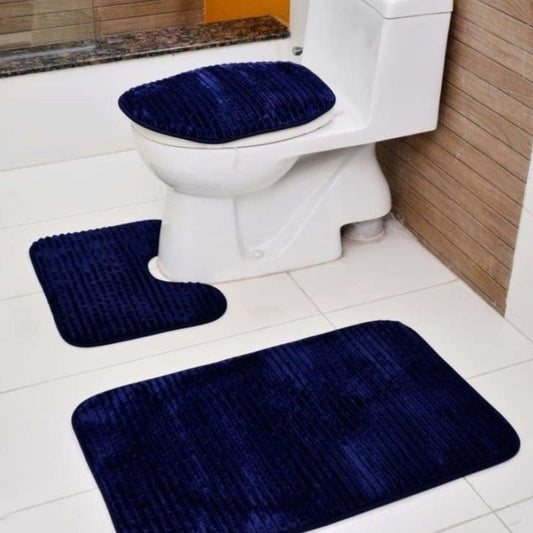 3 PCs Anti Skid Commode Mat Set(2430)-Navy Blue Bath Mats Apricot   