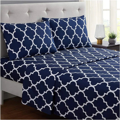 3 PCs Double Bed Sheet-Blue Geometric Bed Sheets Apricot