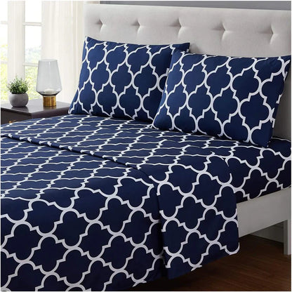 3 PCs Double Bed Sheet-Blue Geometric Bed Sheets Apricot