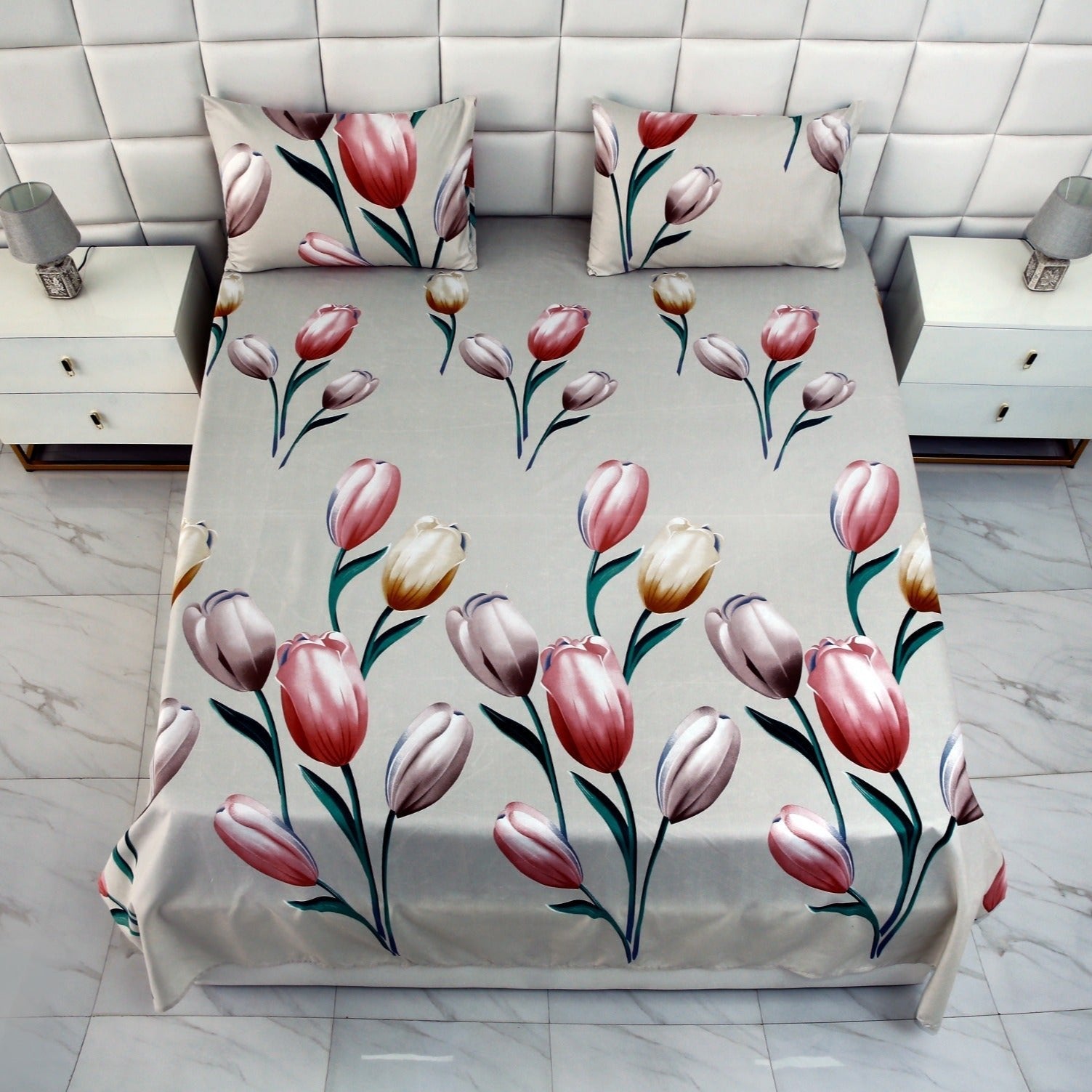 3 PCs Double Bed Sheet-Tulip Bed Sheets Apricot