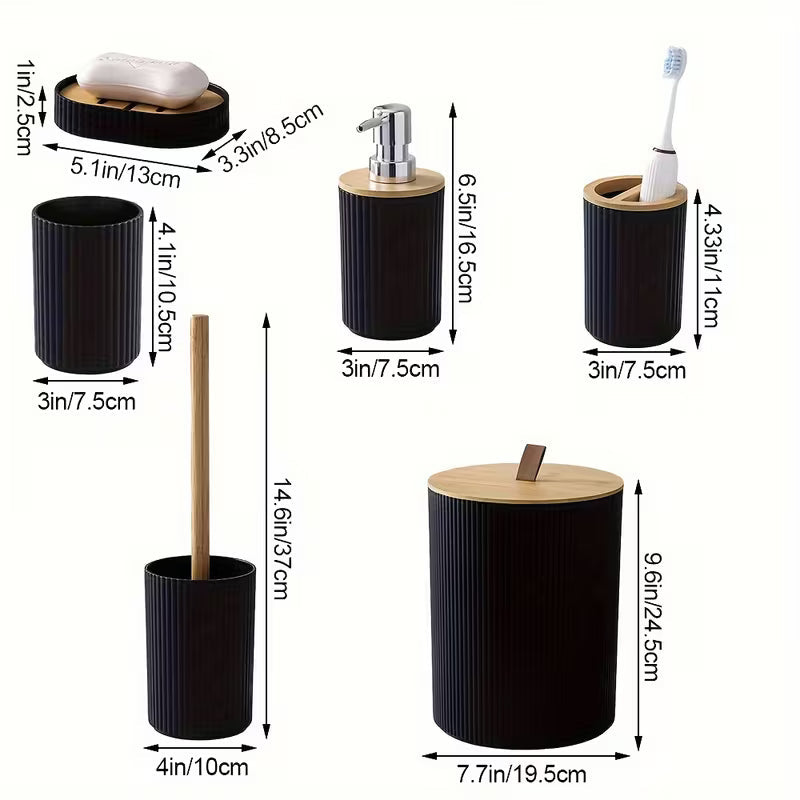 Wooden Lid PVC Bathroom Accessory Set-Stripes With Close Lid(Black)SA2512-02 Bathroom Accessory Sets Apricot
