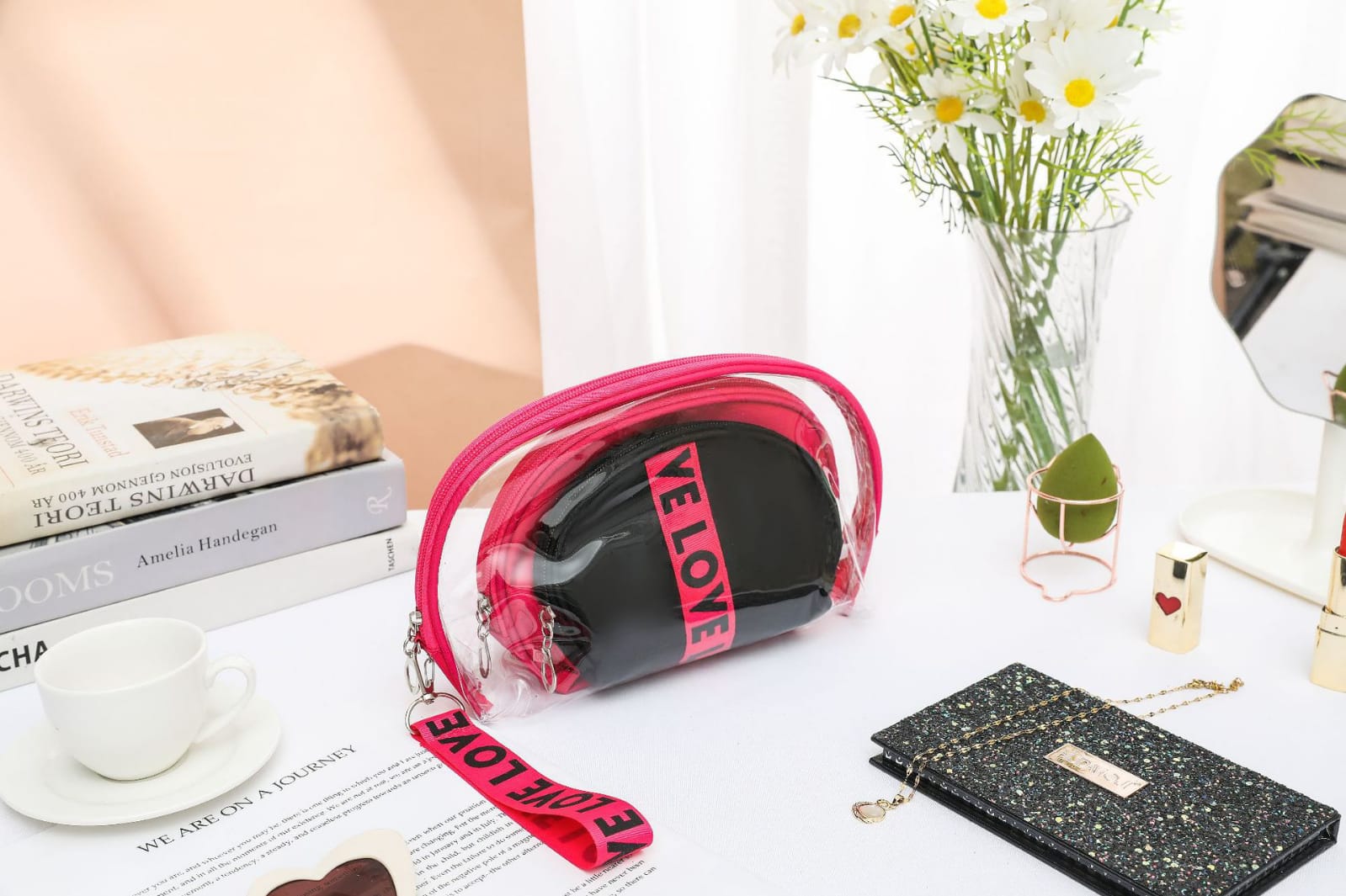 3Pcs Waterproof Portable Makeup Organizer Bag-LOVE(SA2405-113) Cosmetic Pouches Apricot Pink