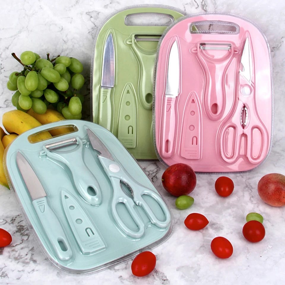 4 PCs Cutting Board With Knife Set(5716)-Blue  Apricot   
