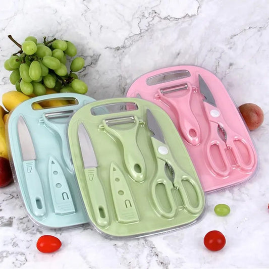 4 PCs Cutting Board With Knife Set(5716)-Blue  Apricot   