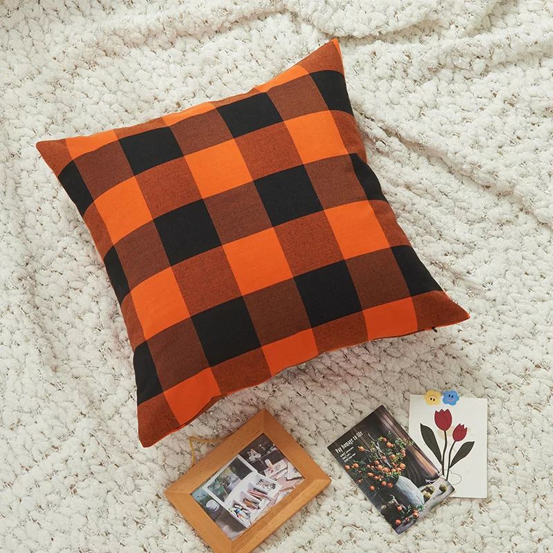 4 PCs Digital Printed Cotton Cushions-Slush Check cushions Apricot   