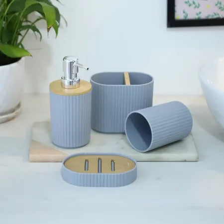 4 PCs Wooden Lid Bath Accessories Set-(2591)Grey Lines Bathroom Accessory Sets Apricot   