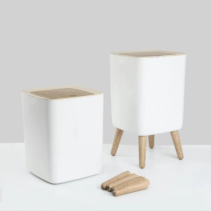 Indoor trash Bin With Wooden Feets-SA2408-110 Bathroom Accessory Sets Apricot