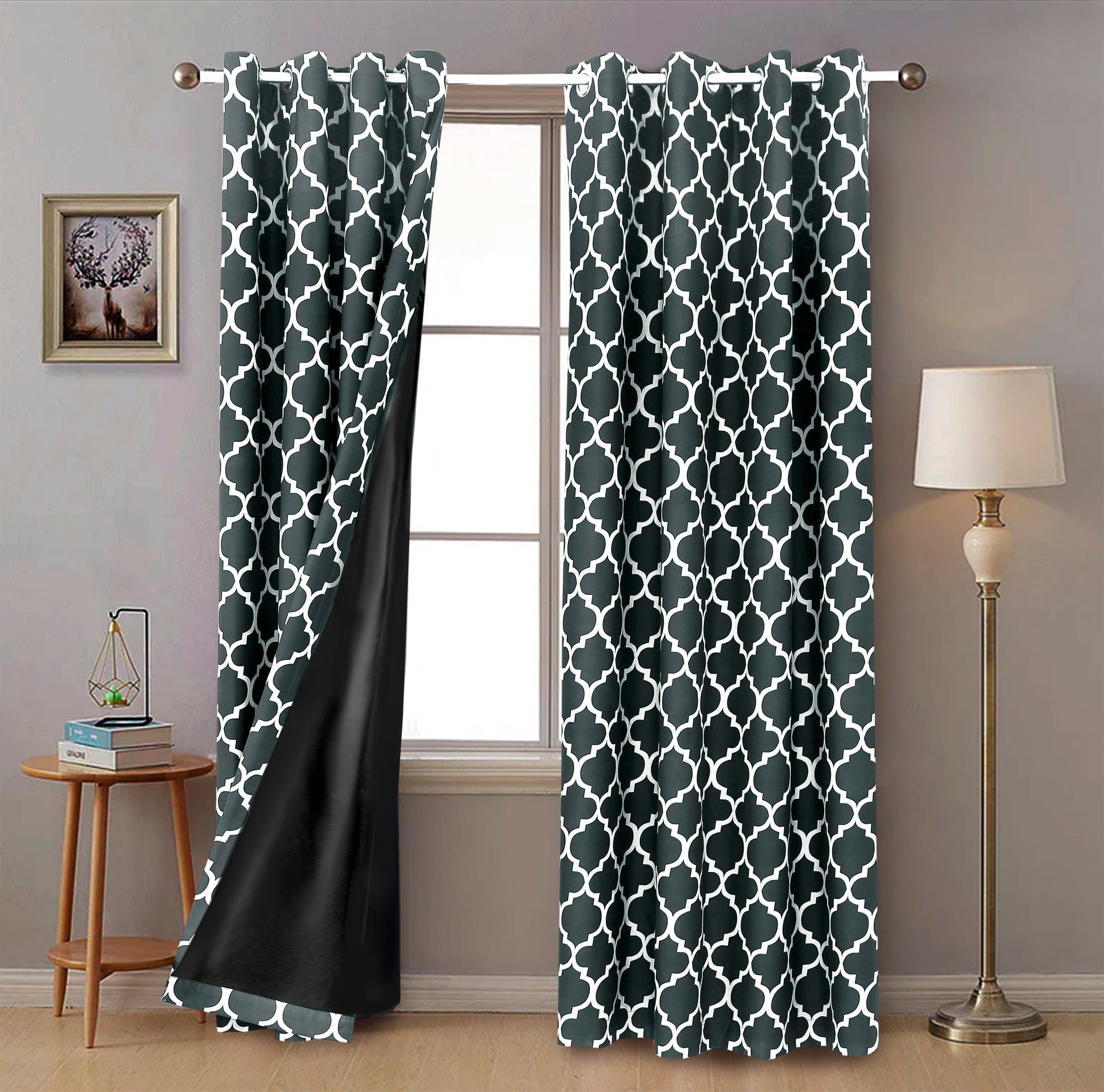 2 PCs Blackout Room Curtains-Grey Geometric Curtains Apricot