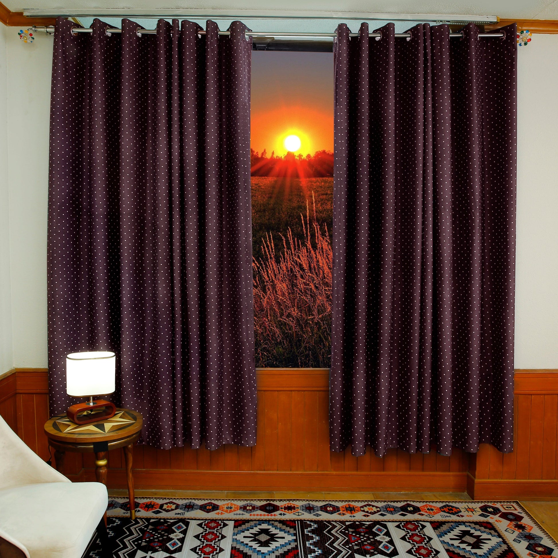 2 PCs Blackout Room Curtains-Plum Polka Curtains Apricot