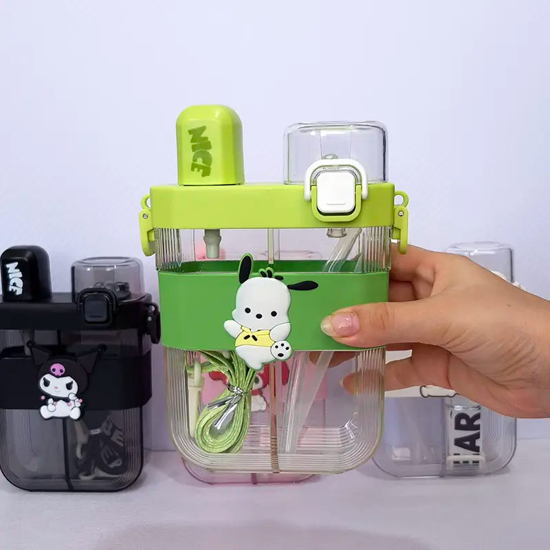 2 in 1 Cute Cartoon Dual Compartment Water Bottle with Straw (SA2510-148) Apricot Green