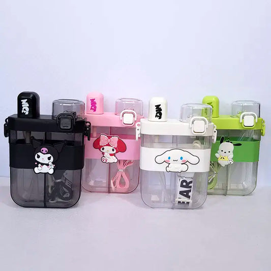 2 in 1 Cute Cartoon Dual Compartment Water Bottle with Straw (SA2510-148) Apricot