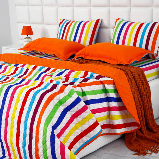 6 PCs Bed Spread Set-Multi Stripe(Orange) Bed Spread Apricot   