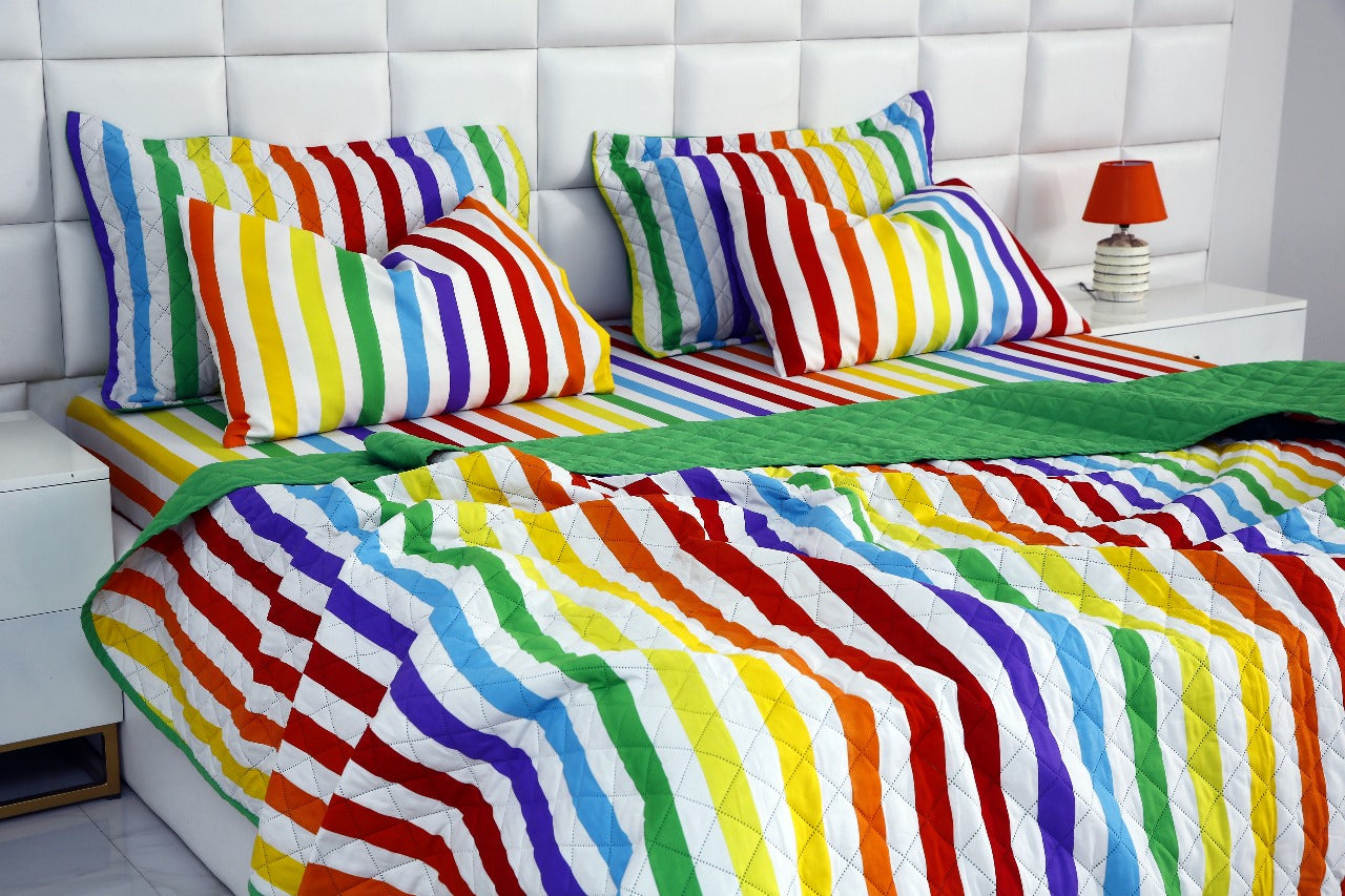 6 PCs Bed Spread Set-Multi Stripe(Parrot) Bed Spread Apricot   