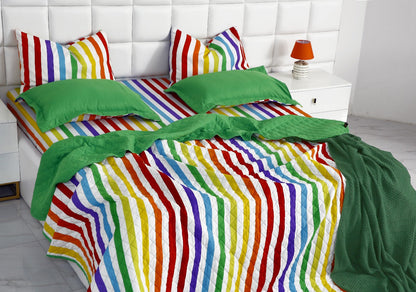 6 PCs Bed Spread Set-Multi Stripe(Parrot) Bed Spread Apricot   