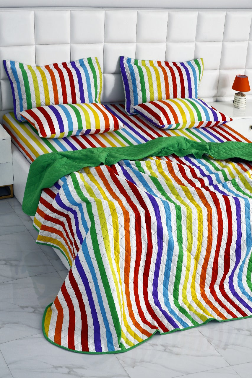 6 PCs Bed Spread Set-Multi Stripe(Parrot) Bed Spread Apricot   