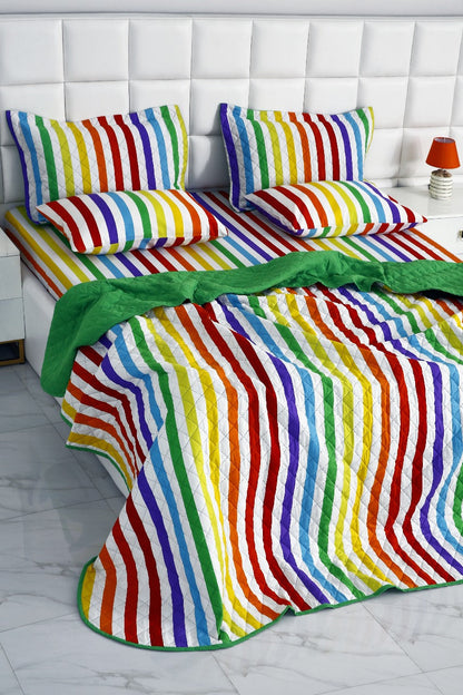 6 PCs Bed Spread Set-Multi Stripe(Parrot) Bed Spread Apricot   