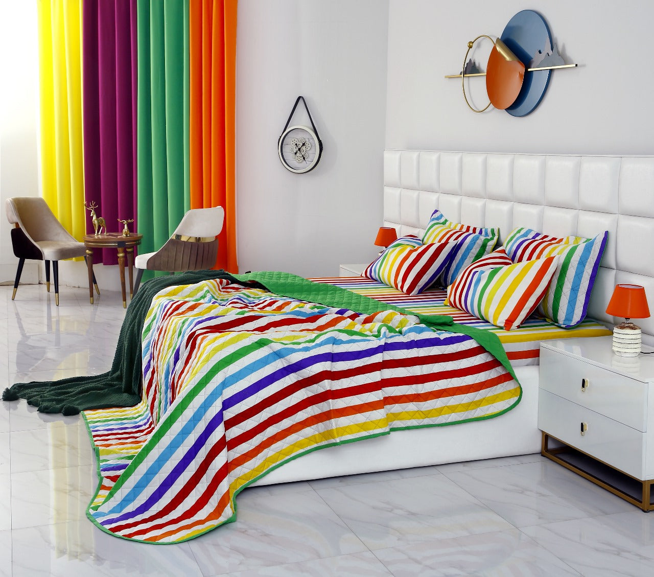 6 PCs Bed Spread Set-Multi Stripe(Parrot) Bed Spread Apricot   