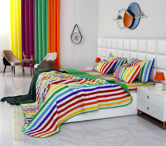 6 PCs Bed Spread Set-Multi Stripe(Parrot) Bed Spread Apricot   