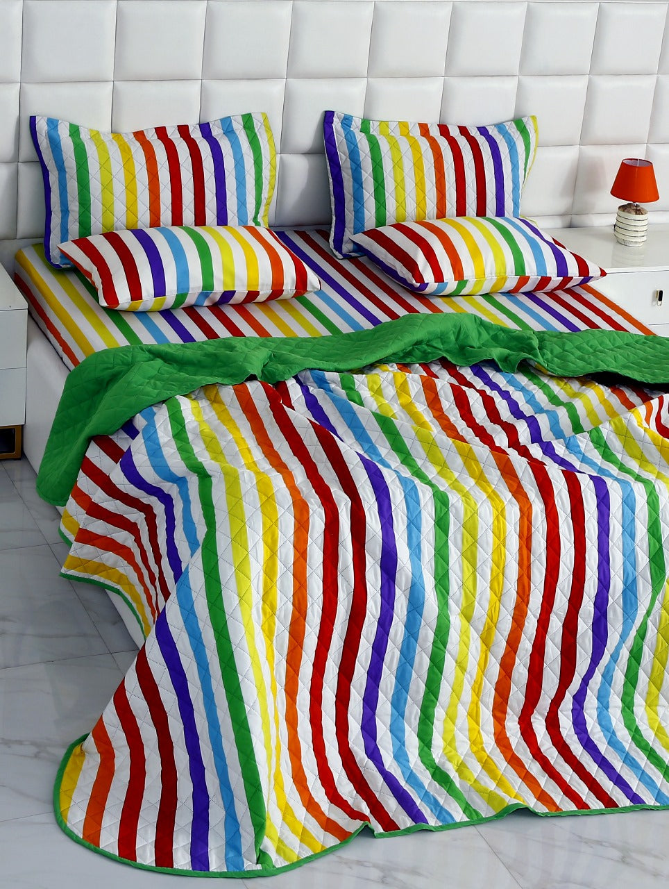 6 PCs Bed Spread Set-Multi Stripe(Parrot) Bed Spread Apricot   