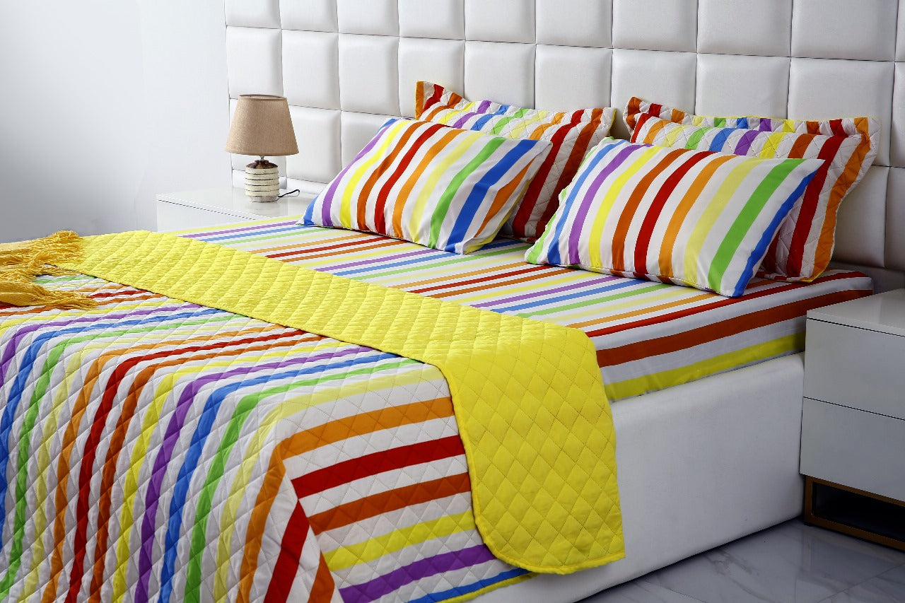 6 PCs Bed Spread Set-Multi Stripe(Yellow) Bed Spread Apricot   