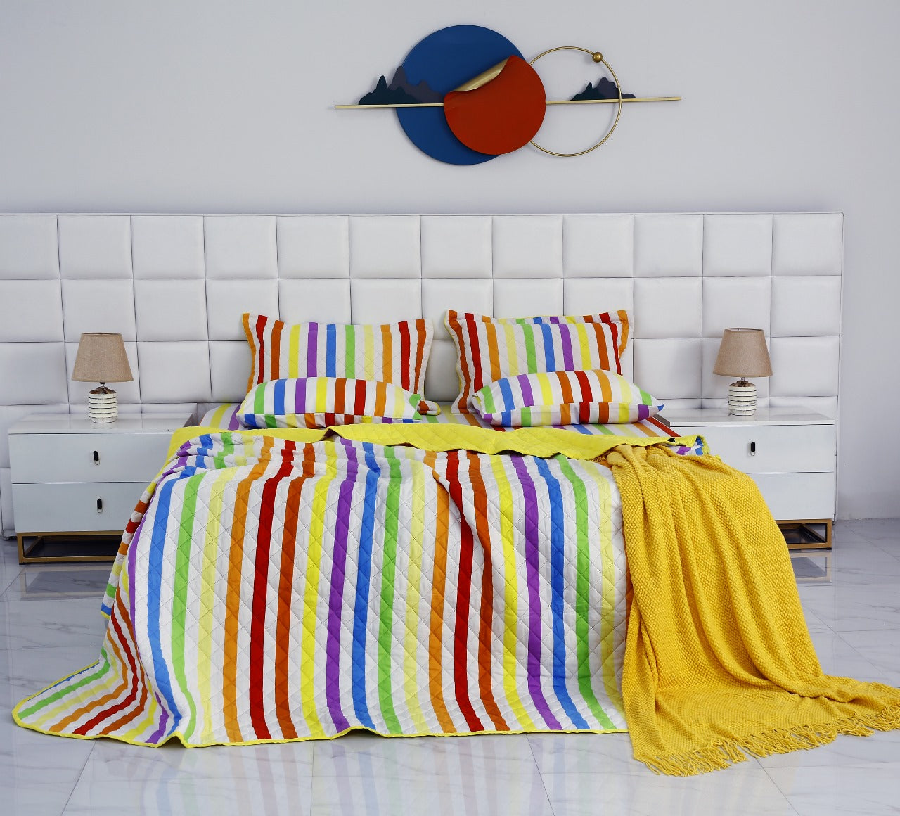 6 PCs Bed Spread Set-Multi Stripe(Yellow) Bed Spread Apricot   